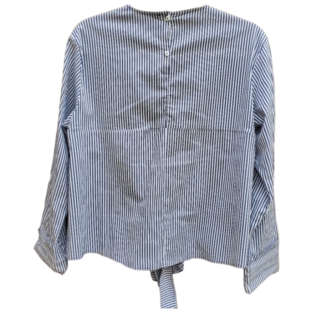 ZARA Striped Tie Front Blouse S Long Sleeve Shirt Floral Nautical Boho Top - Picture 4 of 8